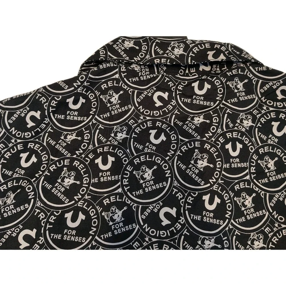 True Religion AOP Resort‎ Shirt Size M Jet Black All Over Logo NWT Mens A1